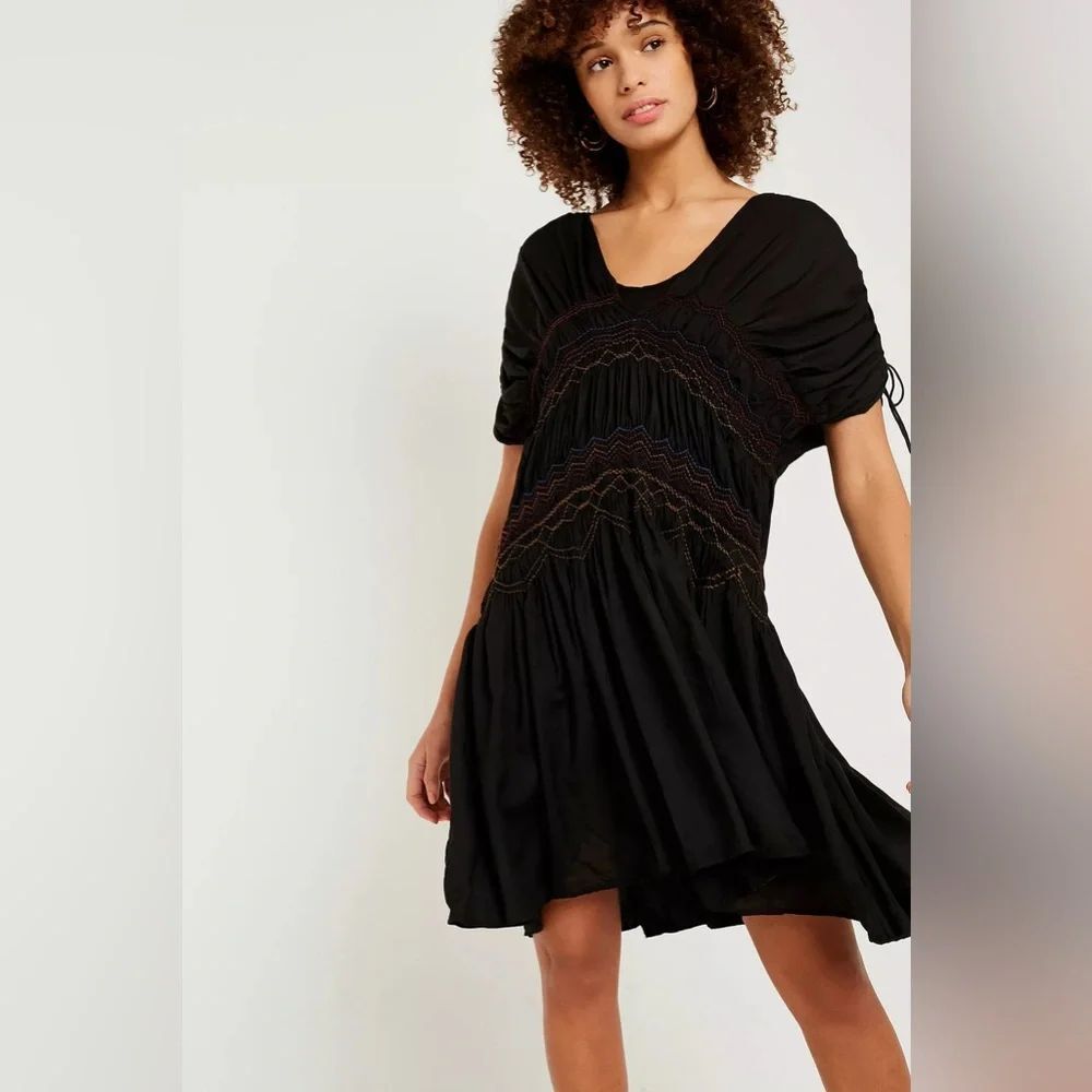Like New Free People Rainbow Smocked Black Dress size Small